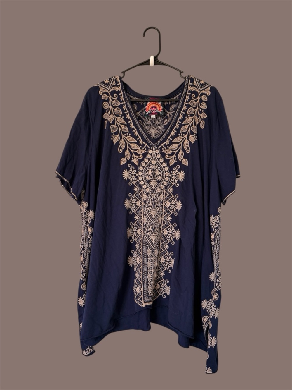 Johnny Was Navy Tunic with Cream Floral Embroidery